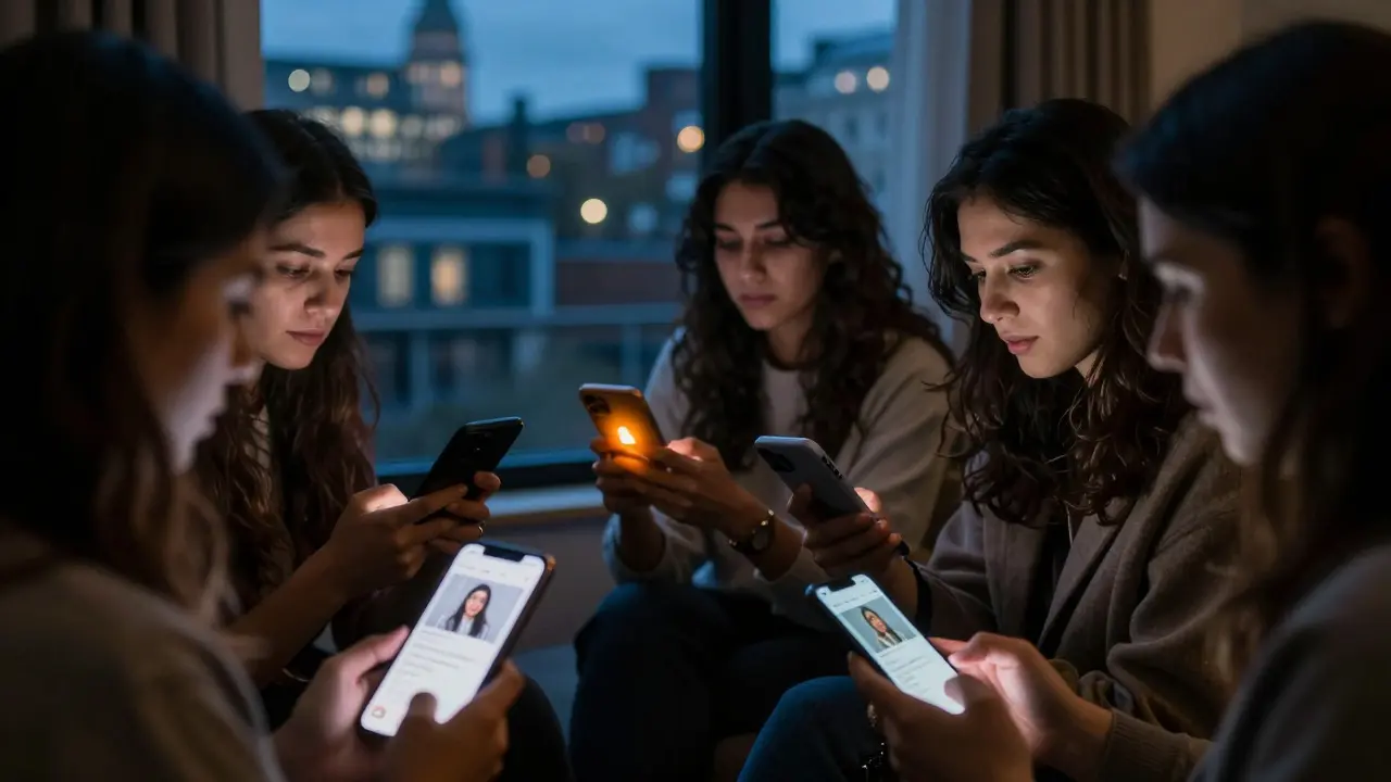 Women in London sharing client safety alerts in a private messaging group on their phones.